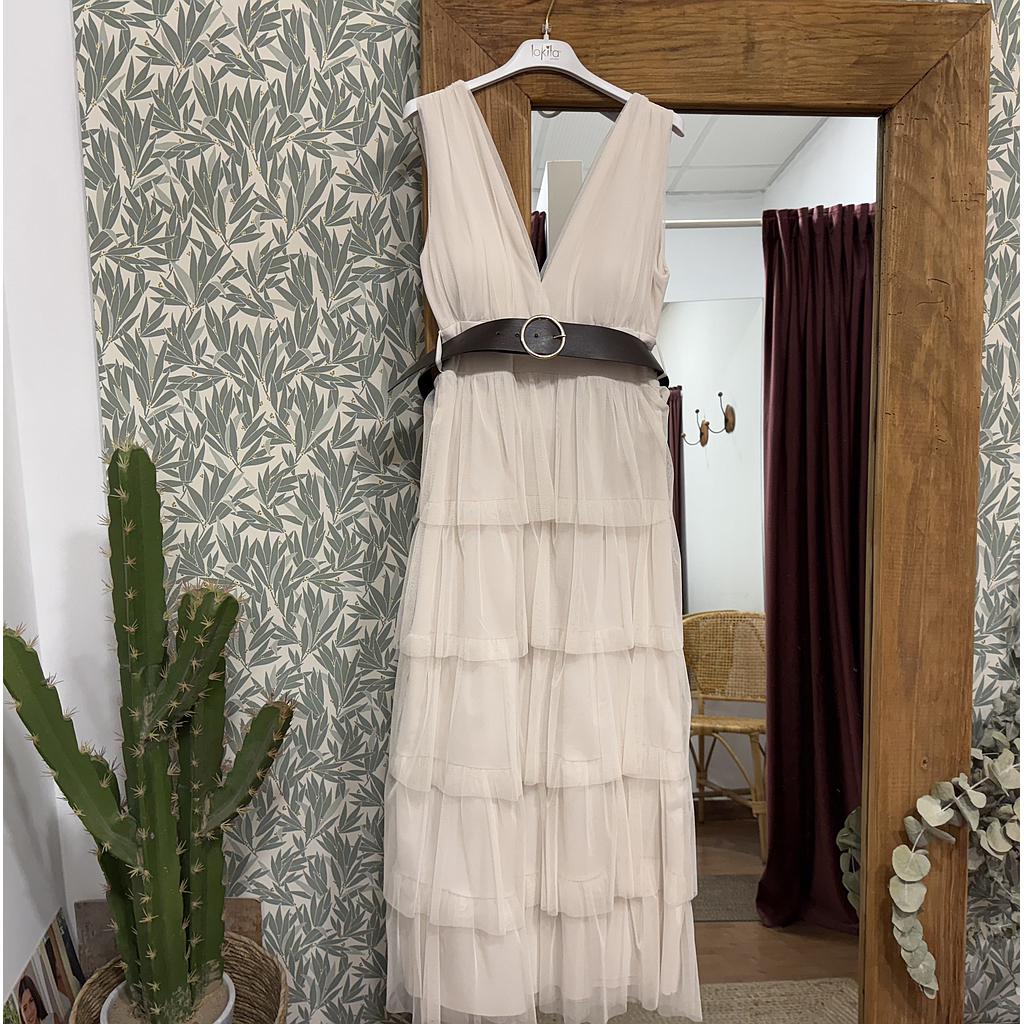 Vestido volantes largo escote crudo LOK14600 (Tallas: Ts)
