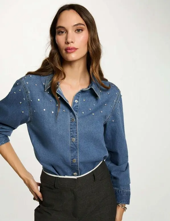 Camisa corta con cabujones denim stone 252-Cbling (Tallas: T36)