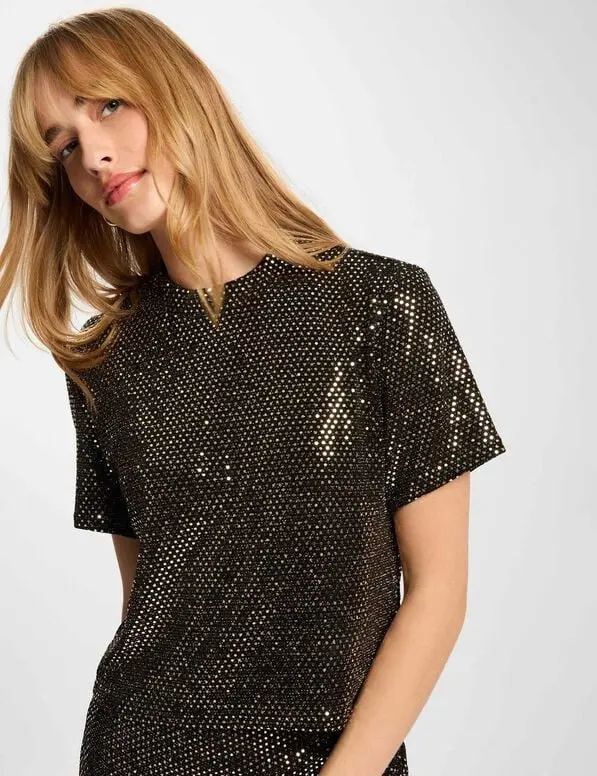 Camiseta de lentejuelas cuello alto amarillo oro 252-Dolivia (Tallas: Ts)