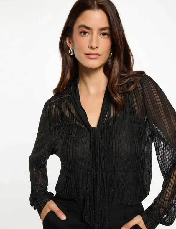 Camiseta corta con cuello lazada negro 252-Teval (Tallas: Ts)