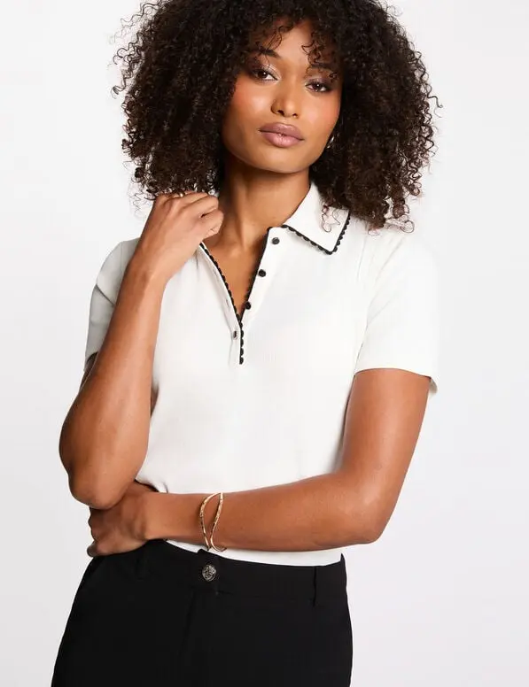 Top entallado con cuello de solapa blanco 261-Dloli (Tallas: Ts, color: Azul marino)
