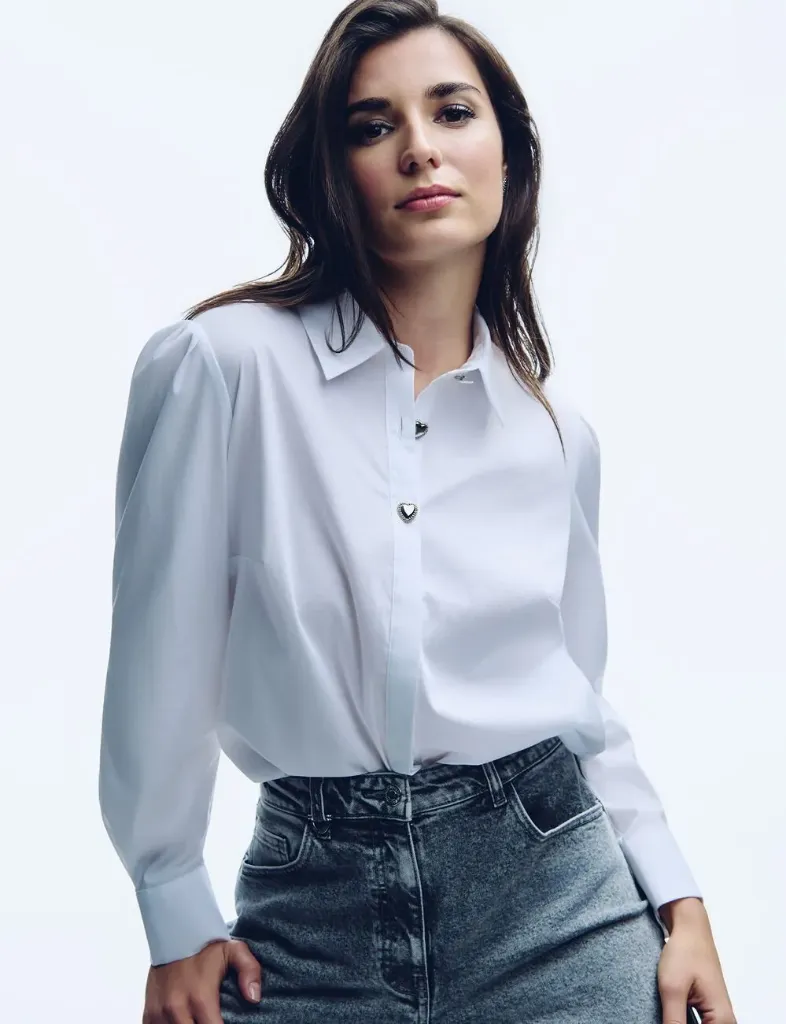 Camisa recta con cuello de solapa blanco mujer 261-coeur (Tallas: T36)