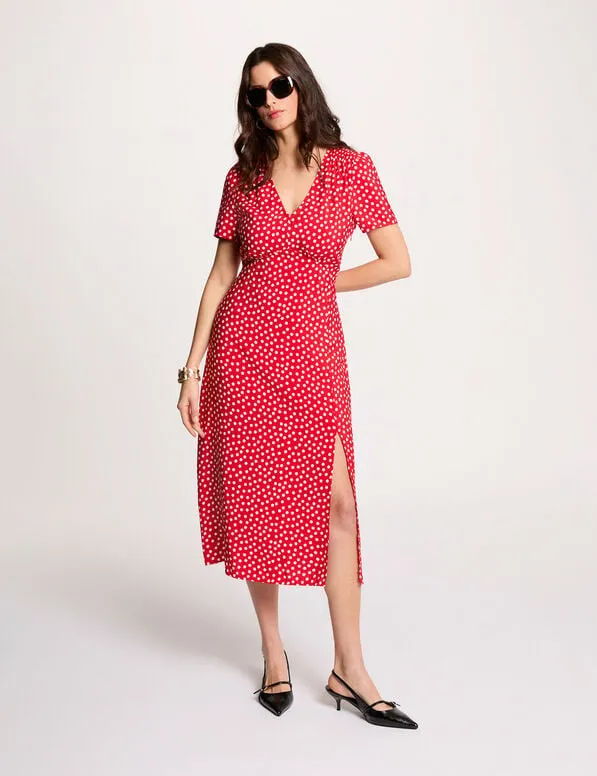 Vestido midi con cuello en V rojo 261-Rois (Tallas: T36)