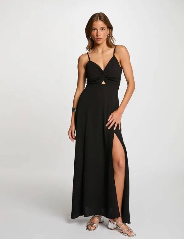 Vestido largo recto abertura negro 251-Rcoco (Tallas: T36)