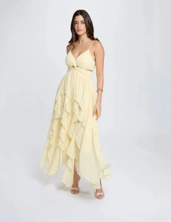 Vestido largo con cuello en V amarillo pastel 261-Rturin (Tallas: T36)