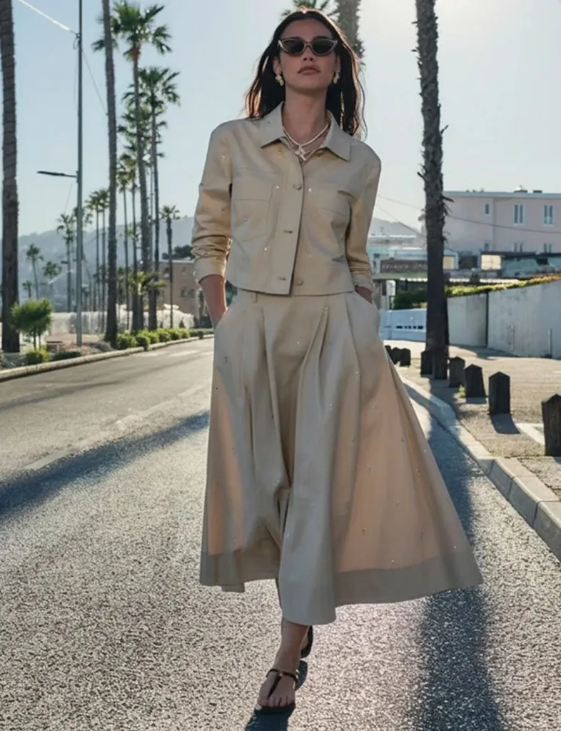 Falda larga de cintura alta beige 262-JKali (Tallas: T36)