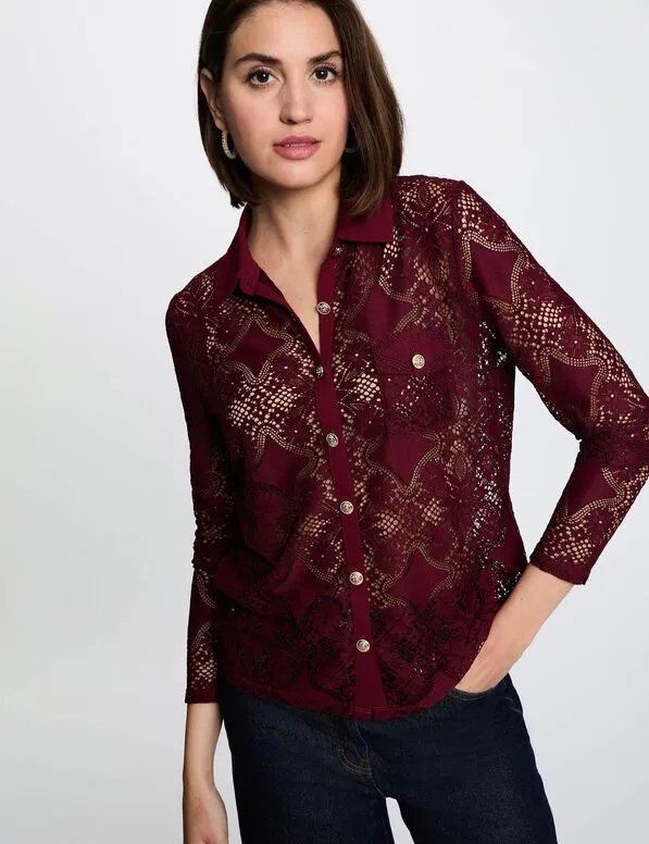 Camisa de encaje con cuello vuelto burdeos 262-Tlilou (Tallas: Ts)