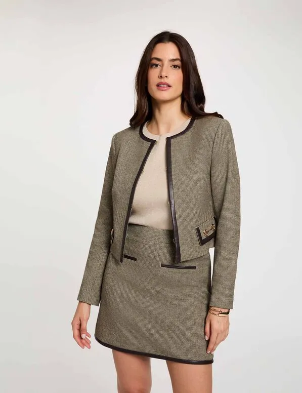 Falda de tweed de tiro alto verde caqui 262-Jpopa