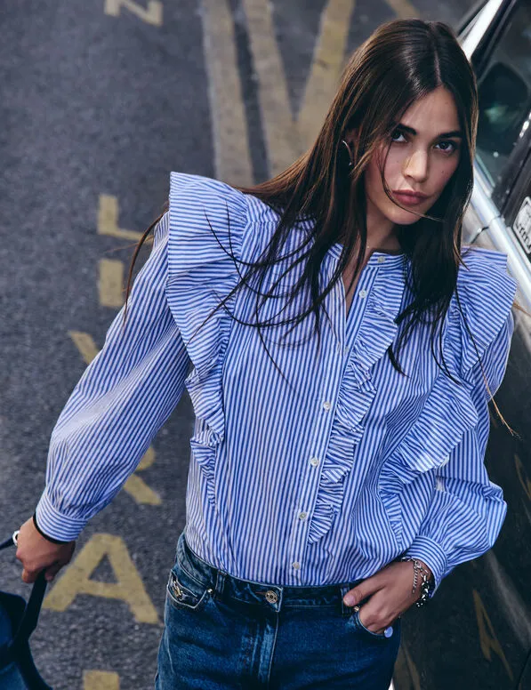 Camisa de rayas con cuello mao azul cielo 262-Cby