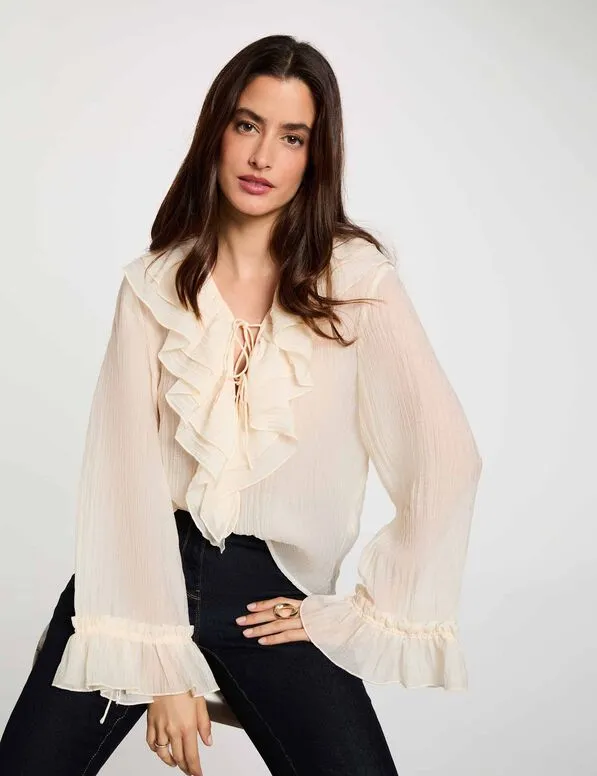 Blusa plisada con cuello en v marfil 262-Ofifi