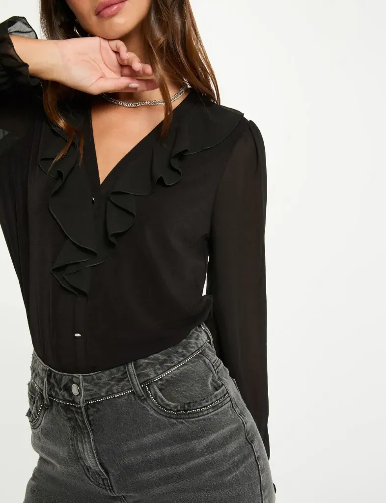 Camiseta de gasa con cuello en v negro 252-Talika