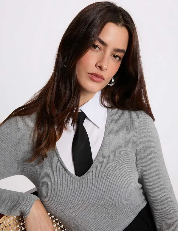 Jersey 2 en 1 con cuello vuelto gris claro 252-Mcravat