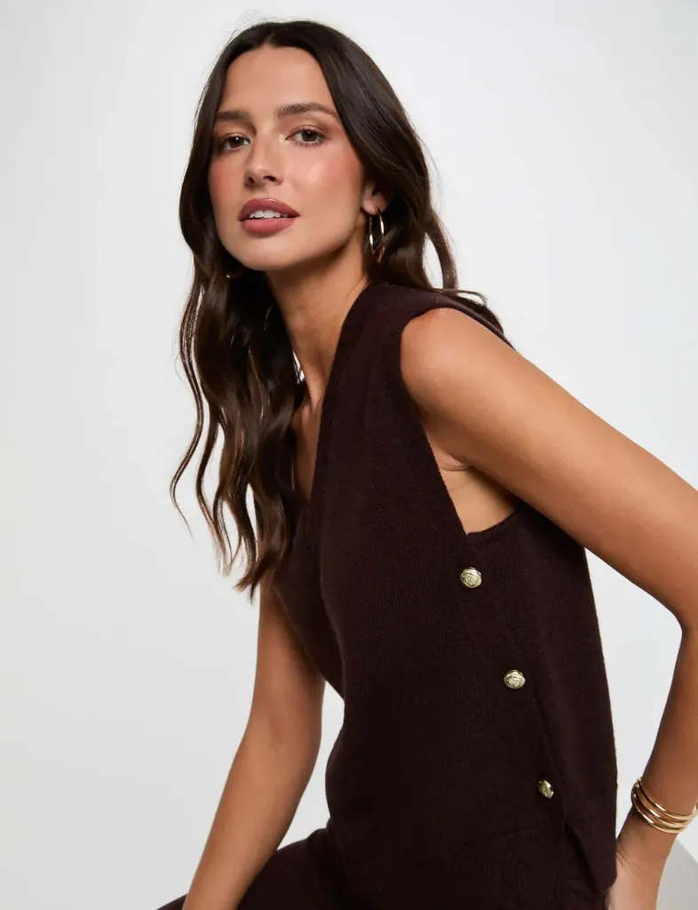 Jersey sin mangas con cuello en V marrón oscuro 262-Mgaf