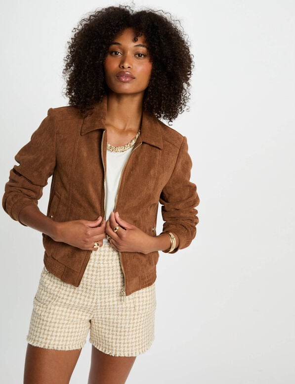 Chaqueta de antelina marrón coñac 252-Gpokel (Tallas: T36)